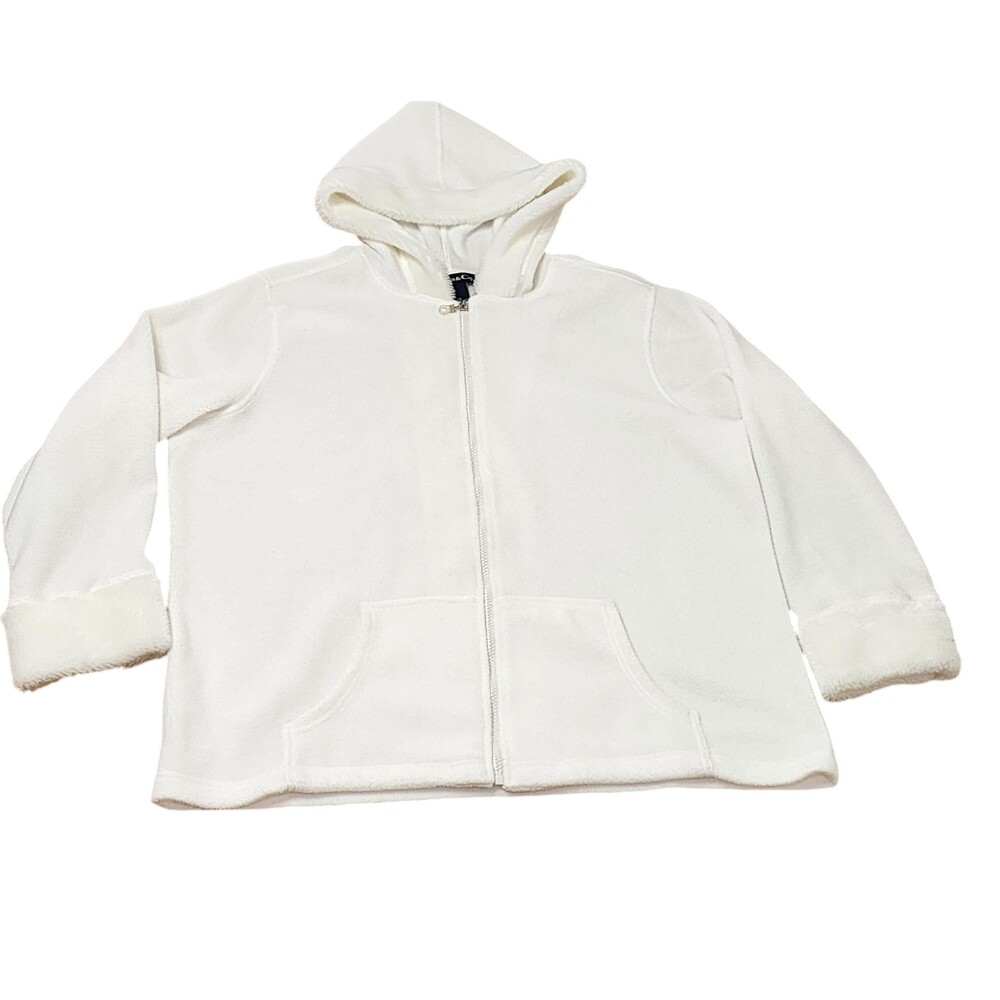 Denim & Co. Jacket Womens 1X White Fleece Hooded Zip Front Faux Fur Pockets